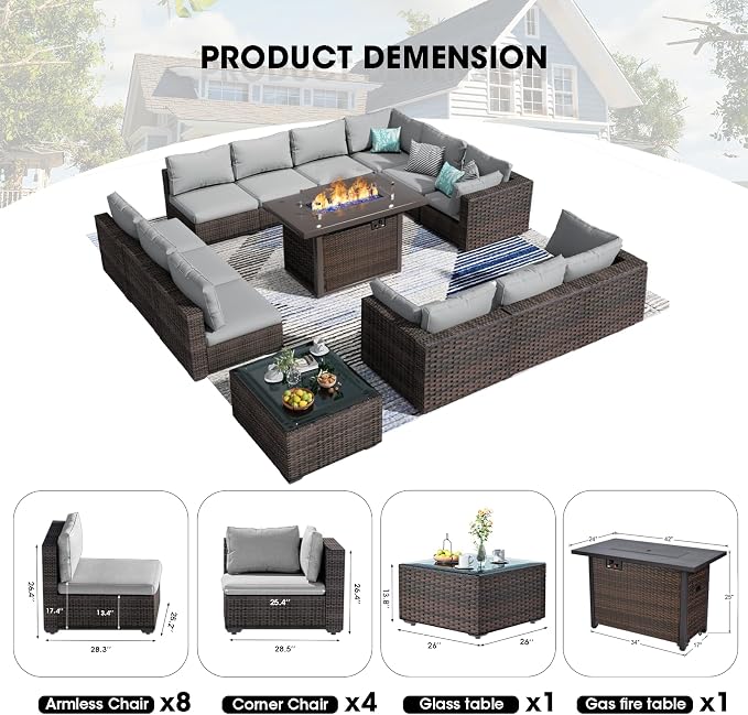 Patio Furniture Set 14 Pieces with 44" Fire Pit Table, Rattan Outdoor Sectional Conversation Sets, All Weather Outdoor Furniture Set with Cushions for Garden Lawn Balcony Porch Deck Grey