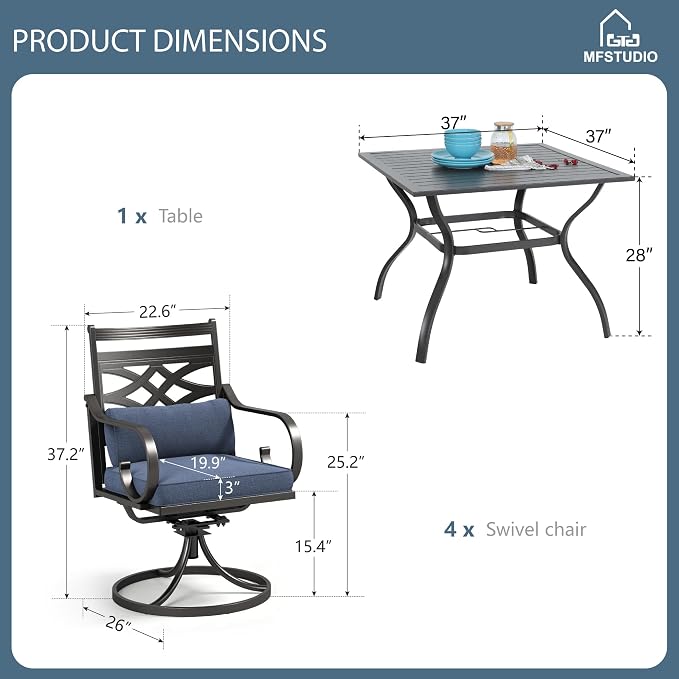 MFSTUDIO 5-Piece Patio Dining Set, 37" Square Metal Table, Swivel Chairs | Umbrella Hole, Blue, Seats 4