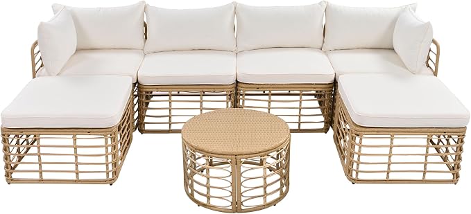 7 Piece Outdoor Patio Furniture, Outdoor Rattan Sofa Set with Round Coffee Table, Thick Cushions & Pillows, All Weather Freely Combined Conversation Set for Garden Backyard Balcony, Beige
