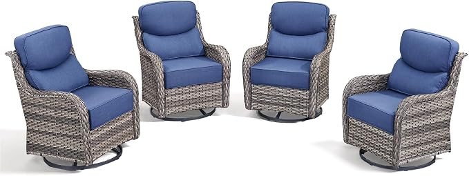 Luxury Outdoor Swivel Rocker Patio Chairs-4 Pieces High Back Swivel Rocker Patio Chairs with Thick Cushions All Weather Wicker Outdoor Furniture Set for Deck Porch Balcony(Grey/Blue)