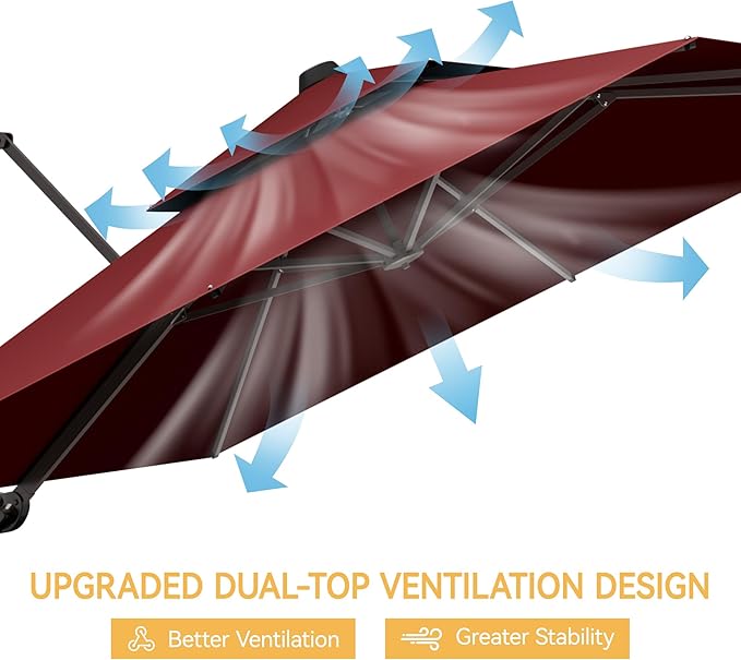 10x10 FT Patio Umbrella with Base, Large Cantilever Double Top Heavy Duty Offset Umbrellas with 360° Rotation, Outdoor shade for Garden Deck Pool, Red