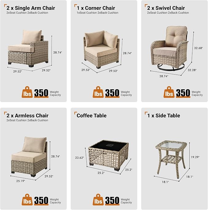 ovios 9 Piece Patio Sectional Furniture with Swivel Rocking Chairs, Rattan Wicker Coversation Couch Set, Outdoor Sofa Set for Outside Porch Balcony Backyard Pool, Beige