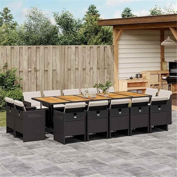 Afuera Living 14-Seater Poly Rattan Garden Dining Set, Black and Brown Finish, Cushioned Chairs, Powder-Coated Steel Frame, 108.3 x 41.7 x 28.7 in., Outdoor Patio Furniture for Garden or Terrace
