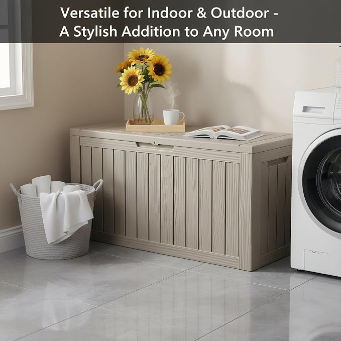 80 Gallon Resin Deck Box, Outdoor Container for Patio Furniture Cushions, Garden Tools, Pool Accessories & Yard Equipment - All-Weather, Lockable, Wood Grain Design