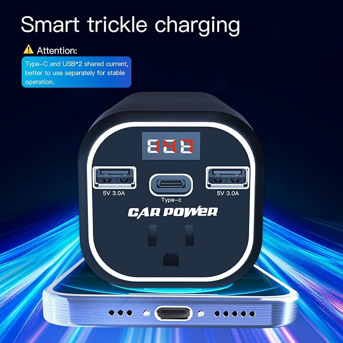 FAMIDGE 200W Car Power Inverter, Car Inverter 12v to 110v, Car Outlet Adapter with Dual USB and Type-C, Car Outlet Adapter for Plug Outlet, Laptop, White
