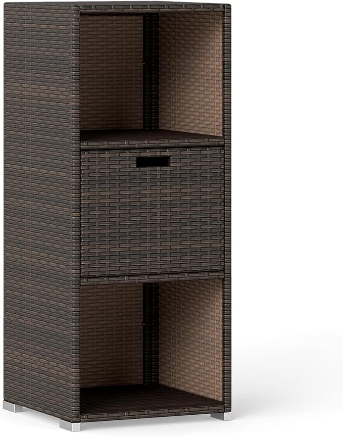 Tangkula Rattan Outdoor Storage Cabinet, Patiojoy Outdoor Wicker Cabinet with 3 Shelves, 1 Removable Drawer, Patio Storage Deck Box for Backyard Poolside Porch