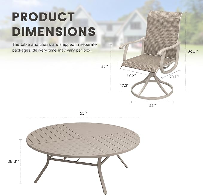 Outdoor Dining Set for 8, 63.1" Metal Round Outdoor Dining Table with Umbrella Hole and Sling Patio Swivel Chairs, 9 Pieces Patio Table and Chairs Set for Garden Backyard, Sandshell