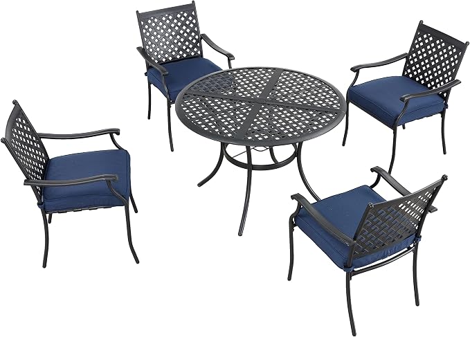 LOKATSE HOME 5-Piece Outdoor Patio Metal Dining Set with Iron Armrest Cushioned Chairs and Steel Round Table with Umbrella Hole, Blue