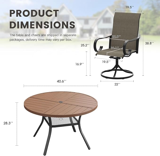 5 Pieces Patio Dining Set, 4 Outdoor Swivel Dining Chairs with 40.7" Round Metal Outdoor Dining Table with Umbrella Hole for Garden Backyard Deck, Mixed Brown & Walnut