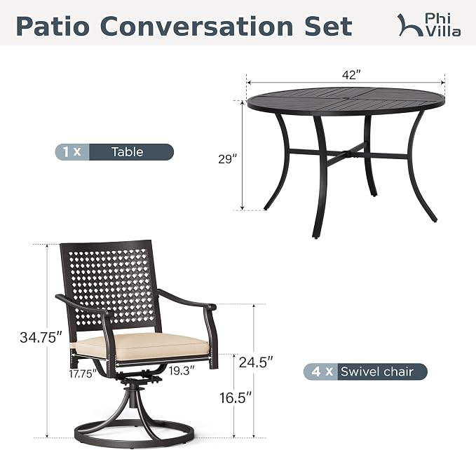 PHI VILLA Outdoor Dining Set for 4, 42" Round Metal Table w/Umbrella Hole | 5 pcs black wrought iron furniture set w/ swivel chairs. All weather for patio, deck, yard, porch