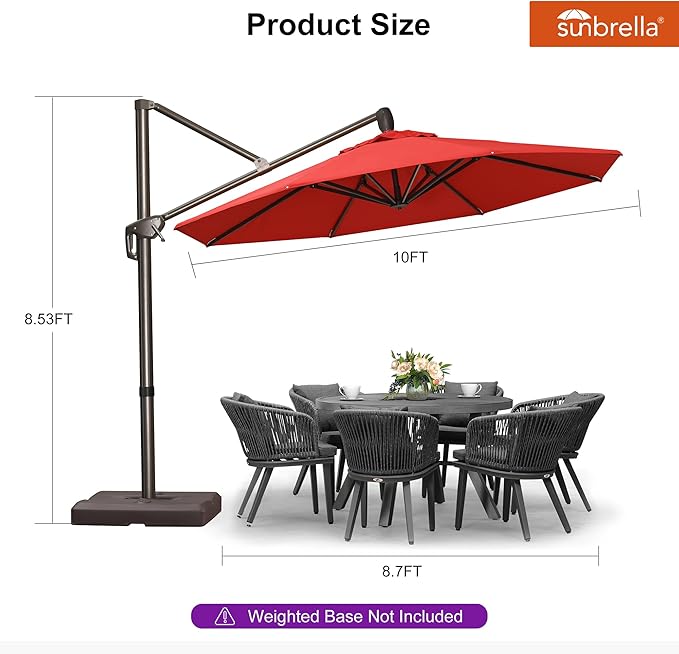 PURPLE LEAF 10' X 10' Cantilever Patio Umbrella with Base Included Round Umbrella with 360° Rotation Aluminum Outdoor Offset Hanging Umbrella for Patio Pool, Red