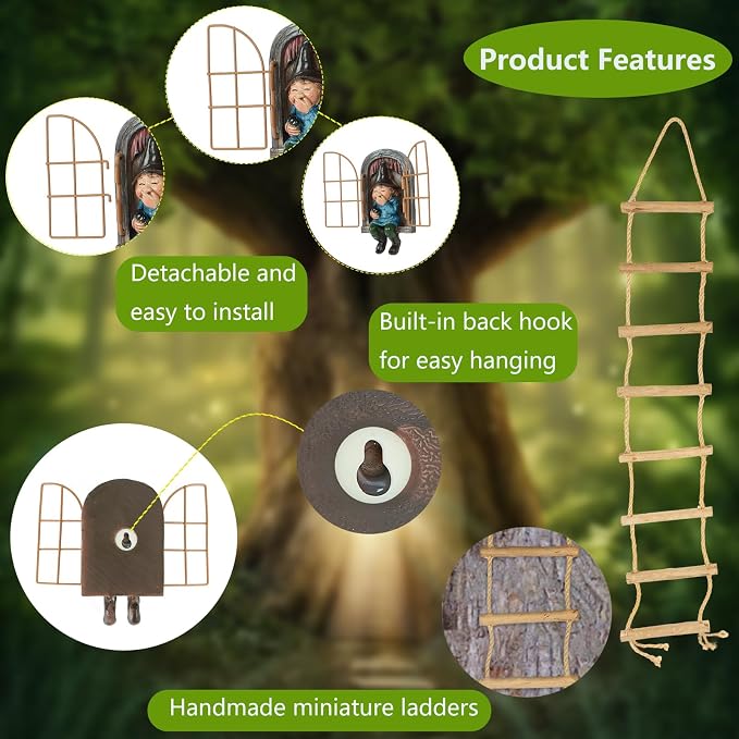 Garden Gnomes Decoration Outdoor Tree Faces Decor with Hanging Ladder for Yard, Elf Out The Door Tree Hugger Figurine Resin Garden Sculpture Ornament Whimsical Gnome Decor for Patio Yard Lawn