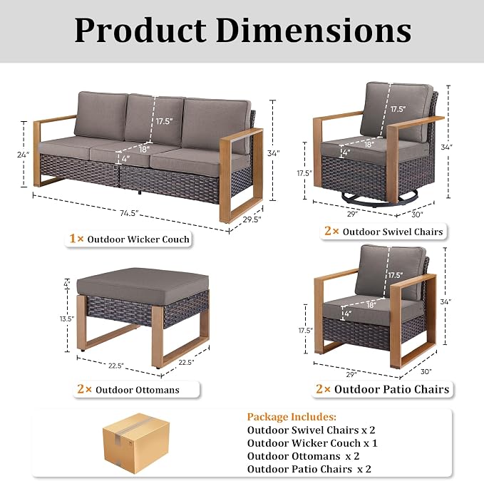 7-Piece Outdoor Patio Furniture Set with Swivel Chairs & Rattan Chairs, All-Weather Wicker Sofa Set for Garden, Yard, Porch and Poolside Seating Grey