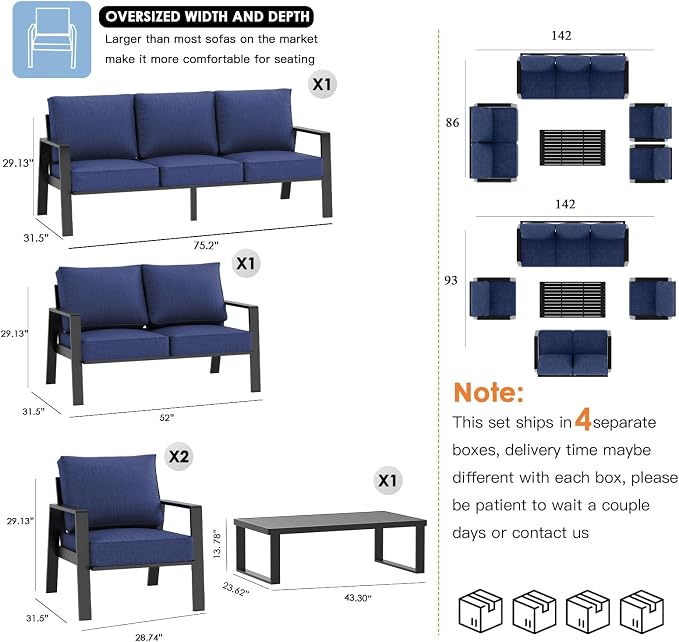 Aluminum Outdoor Patio Furniture Set, 5 Piece Sectional Coversation Sets with Coffee Table, Modern Outdoor Sofa Couch with Thick Cushions for Porch, Balcony, Garden, Blue
