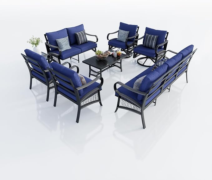 8 Pieces Patio Conversation Sets, All Weather Metal Outdoor Furniture Set with Swivel Rocking Chairs Set, Outdoor Furniture Set with Sectional Sofa Couch Loveseat (Blue Cushions)