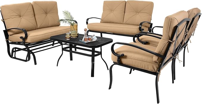 5 Pcs (6 Seats) Metal Outdoor Patio Furniture Conversation Sets, Glider, Loveseat and Coffee Table, 2 Single Chairs with Cushions (Brown)