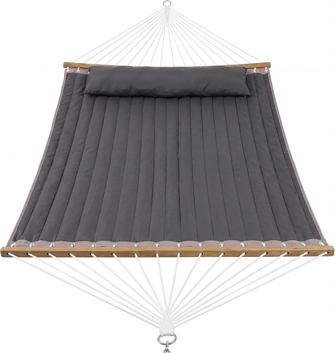 11.4 FT Double Quilted Hammock for 2, 450lbs Capacity Large Hammock with Pillow for Outdoor Patio, Garden Bed, Wooden Spreader Bar, 137.8" Long Dark Grey
