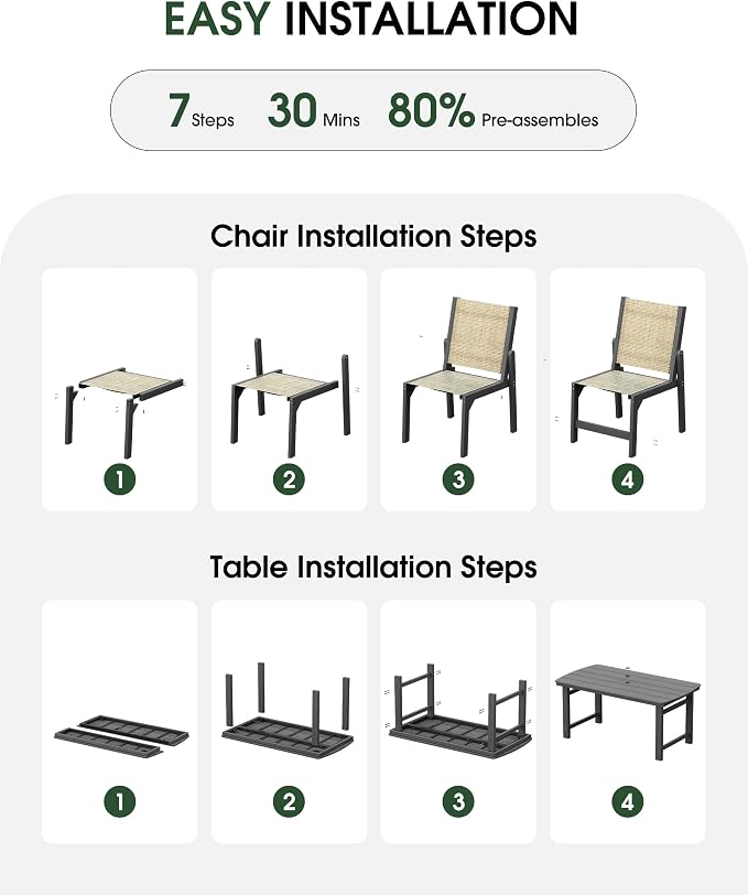 HDPE Outdoor Patio Dining Set with Table & 6 Stackable Armless Textilene Chairs, All-Weather 7-Piece Dining Table Set with Umbrella Hole, Patio Furniture for Garden, Poolside, Backyard, Deck | Grey