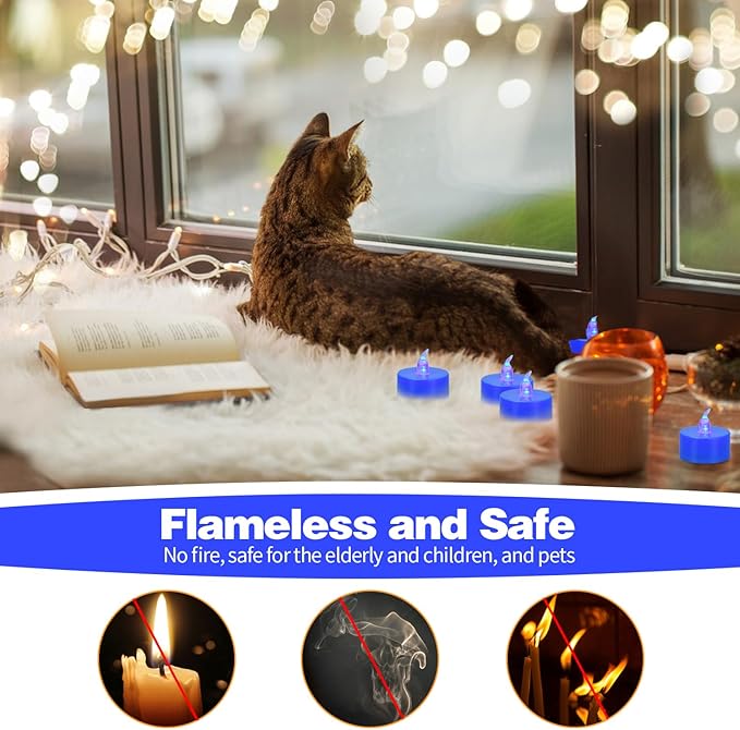 KOABY 12 Pack Blue Light Non-Flickering Flameless Tea Lights, Blue Base, Last 100H+, Battery Operated Tea Lights for Decor