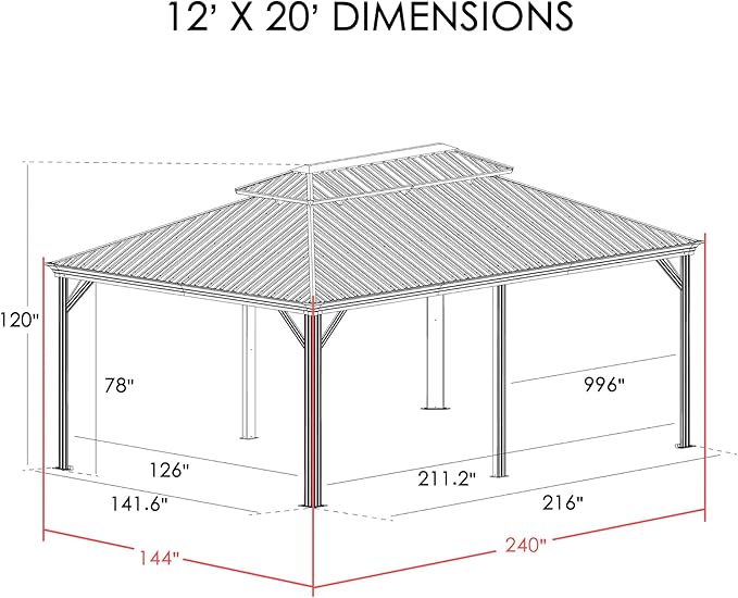 Kozyard Alexander 12' x 20' Hardtop Gazebo, Aluminum Frame with Galvanized Steel Double Roof, Outdoor Permanent Pavilion with Curtains and Netting for Patio, Backyard, Deck, Lawn(Gray)