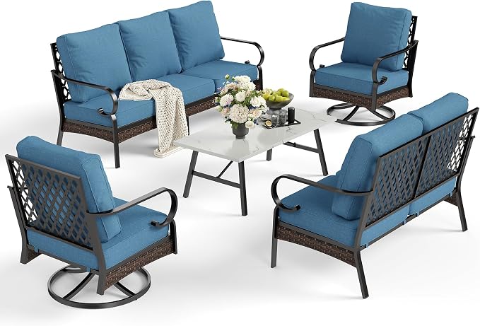 SUNSHINE VALLEY 6 Piece Metal Outdoor Patio Furniture Set, Patio Conversation Set with Swivel Chair and 5.75" Thick Cushion & Coffee Tabl, Outdoor Seating Black Frame Backyard Furniture, Denim Blue