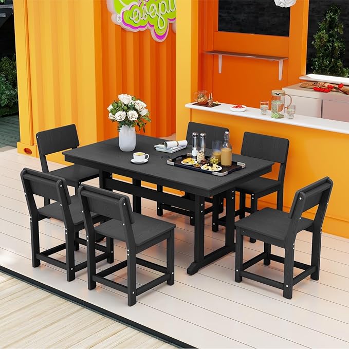 7-Piece HDPE Outdoor Dining Set, Weatherproof Patio Table and Chairs for 6, Outdoor Dining Table Set for Outside Deck Backyard Garden, Black