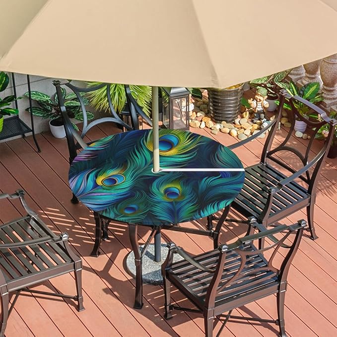 Fitted Round Tablecloth with Umbrella Hole and Zipper Peacock Outdoor Elastic Table Cloth 45"-56" Oil-Proof Waterproof Peacock Feather Patio Table Cover for Picnic Party