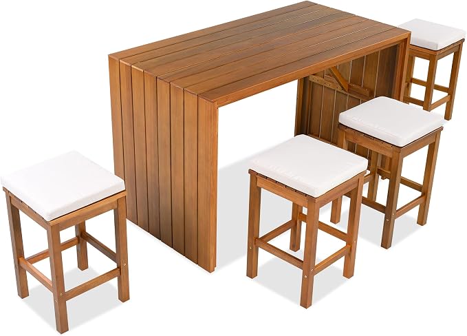 VilroCaz 5-Pieces Outdoor Patio Counter Height Dining Set, All-Weather Acacia Wood Bar Set with 4 Stools and Cushions for Backyard, Poolside, Balcony