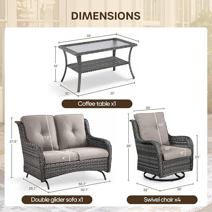 Patio Loveseat Glider Set, Resin Wicker Loveseat Glider with 2 Swivel Patio Chiars and Coffee Table, 4 Piece Patio Bistro Set Furniture Set Loveseat Set, Grey Wicker | Grey Cushions