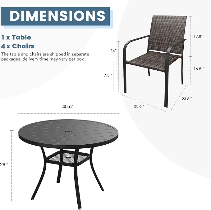 DIFY 5 Piece Outdoor Dining Set, Patio Table and Chairs Set for 4 with Umbrella Hole, 40.6" Black Round Dining Table & Stackable Wicker Patio Chairs, Metal Patio Furniture Set for Garden Backyard