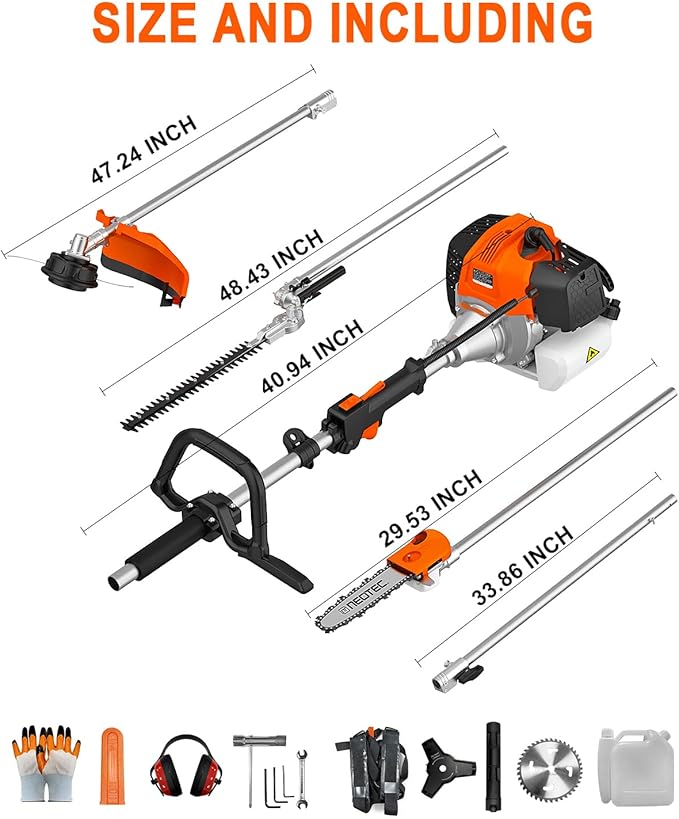 NEO-TEC 52CC 2-Stroke Gas Powered 5-in-1 Multi-Functional Weed Eater & Trimmer Combo Kit - Includes Grass Trimmer, Brush Cutter, Hedge Trimmer, Pole Saw, Blade, Extension Rod for Lawn Landscaping