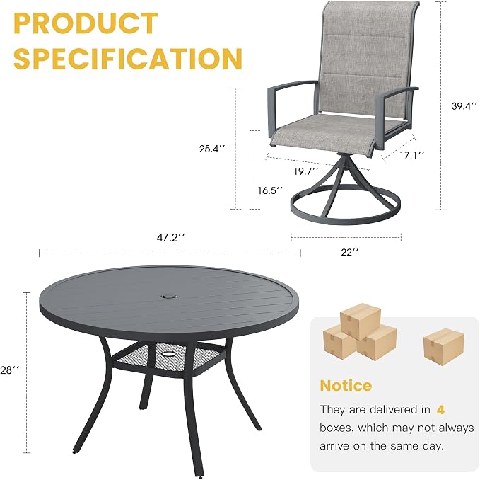 VICLLAX 7 Pieces Patio Dining Set for 6, All Weather Outdoor Furniture - 47.2" Round Patio Table and Swivel Padded Chairs, Grey Tabletop and Fabric