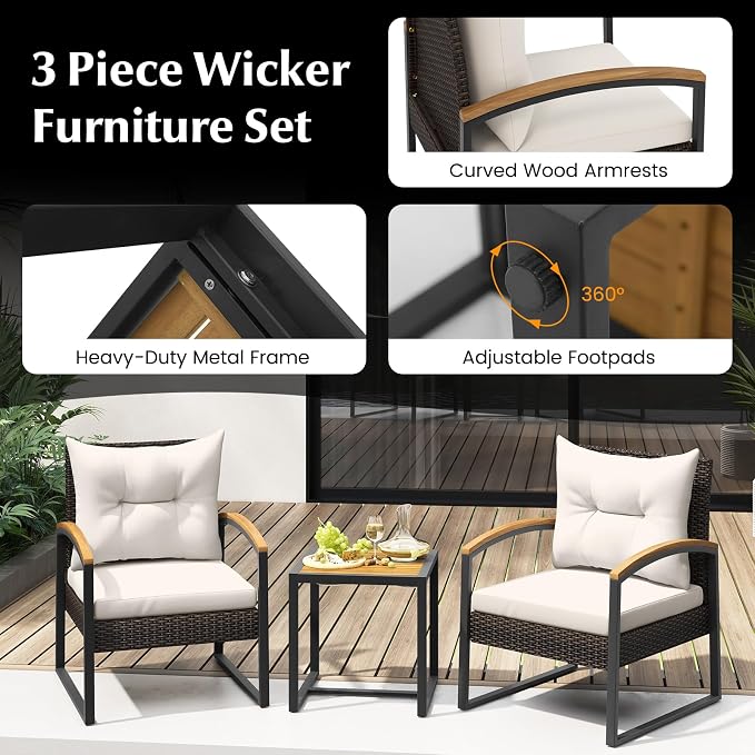 Tangkula 3 Piece Patio Conversation Set, Includes 2 Rattan Chairs and Coffee Table, Solid Acacia Wood Armrests & Tabletop, Outdoor Cushioned Wicker Furniture Set for Backyard, Poolside, Lawn, Garden