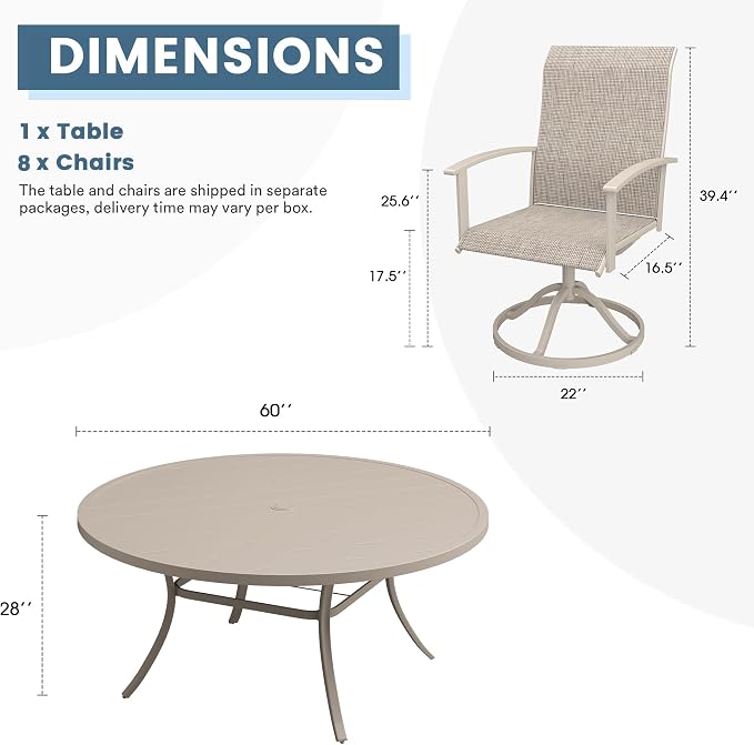 DIFY 9 Pieces Outdoor Dining Set for 8, 60" Round Metal Table with Umbrella Hole and Textilene Swivel Patio Chairs, Patio Table and Chairs Set for Garden, Backyard, Poolside, Sandshell