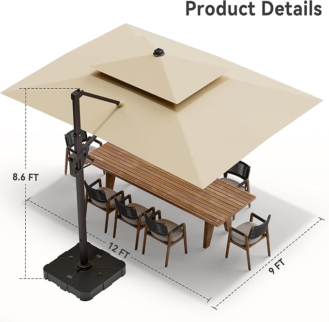 9' X 12' Cantilever Patio Umbrella with Led Lights Double Top Rectangular Outdoor Large Offset Umbrellas with 7 Tilts Adjustable 360°Rotation for Deck Pool Garden Backyard, Beige