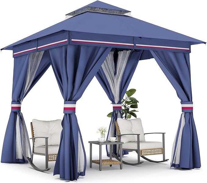 LAUSAINT HOME 8'x8' Outdoor Gazebo, Metal Frame Heavy Duty Patio Canopy Tent Shelter with Double Roofs, Mosquito Nettings and Privacy Screens for Backyard, Garden, Lawn, Classic Blue