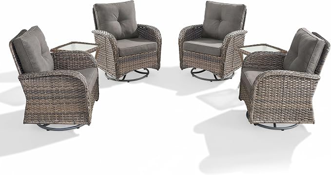 Outdoor Swivel Glider Rocker Chairs Set of 4 - Wicker Patio Furniture Set All Weather Patio Conversatio Sets with 2 Tempered Glass Side Table for Deck Backyard - Brown Wicker Grey Cushion