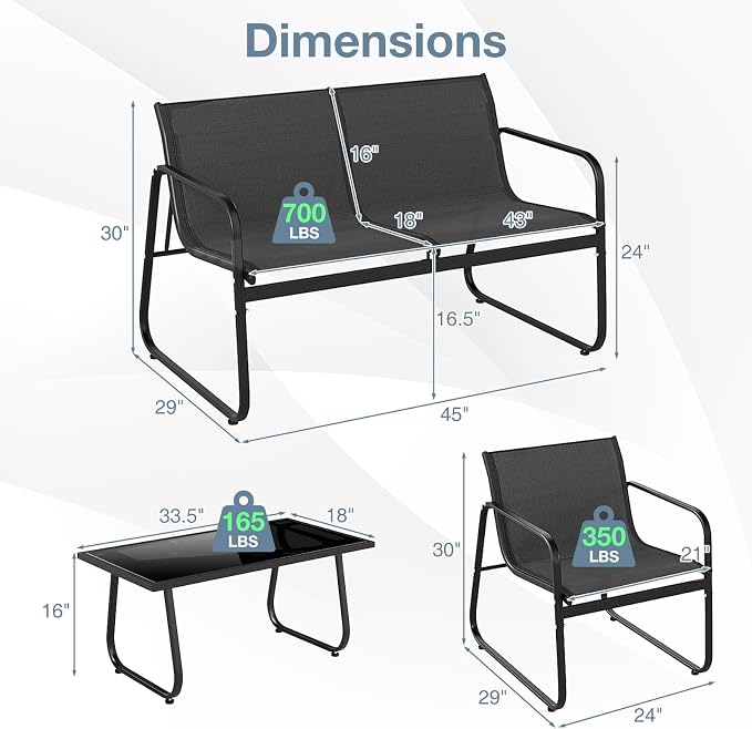 HAPPYGRILL 8 Pieces Patio Conversation Set, Fabric Lawn Chairs and Loveseat with Tempered Glass Coffee Table, Heavy Duty Metal Frame, Outdoor Furniture Set for Porch, Garden and Poolside