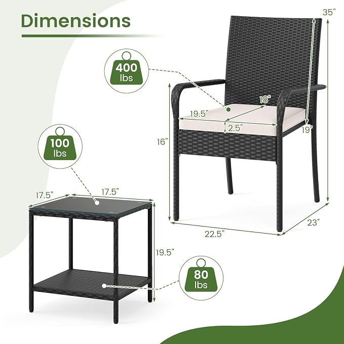 Tangkula 3 Pieces Patio Furniture Set, PE Rattan Outdoor Cushioned Conversation Chairs with 2-Tier Tempered Glass Tabletop Table, for Balcony, Garden and Poolside (Off White)
