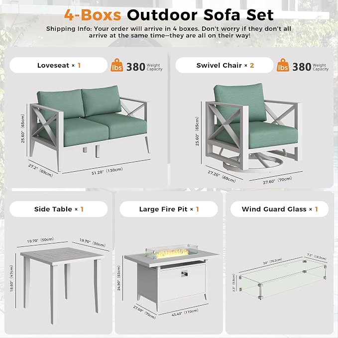 Aluminum Outdoor Patio Furniture Set with 43" Fire Pit Table, 6-Piece Outdoor Sectional with 5.2" Thick Cushions, Patio Conversation Sets for Backyard,(White,4 Seats)