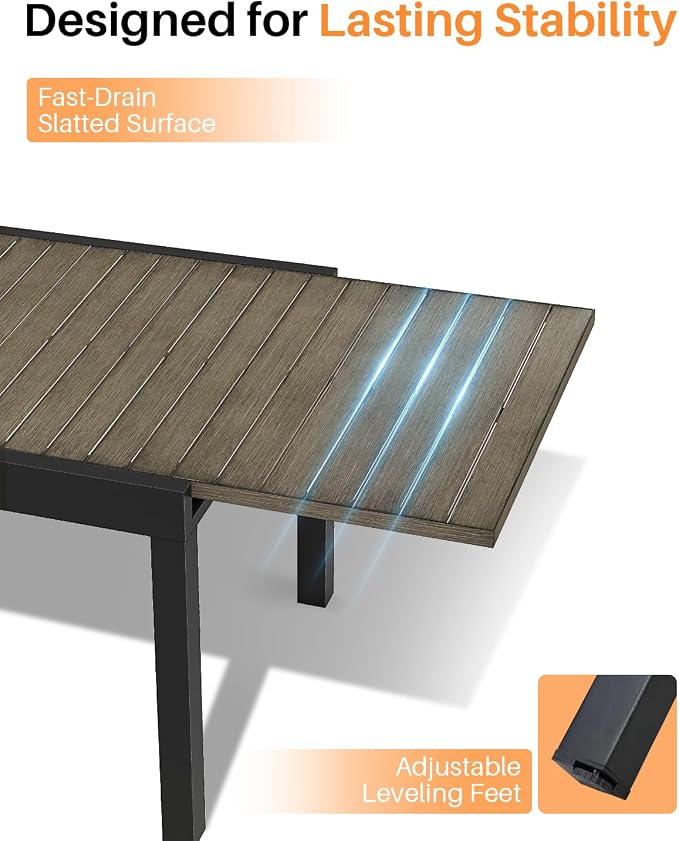 Patio Dining Set for 8, Aluminum Extendable Outdoor Dining Table Set with Expandable Dining Table and Double-Layer Textilene Dining Chairs, Patio Furniture Set for Porch, Deck, Limed Oak