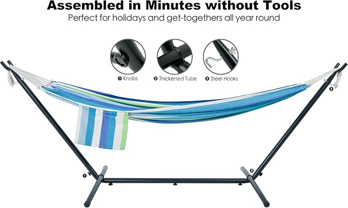 GAFETE Double Hammock with Stand for Outside, Upgraded Spreader Bar, Heavy Duty Space Saving Steel Stand 2 Person, Convenient Pockets, Easy Assembly, 600lbs Weight Capacity, Indoor & Outdoor (Lagoon)