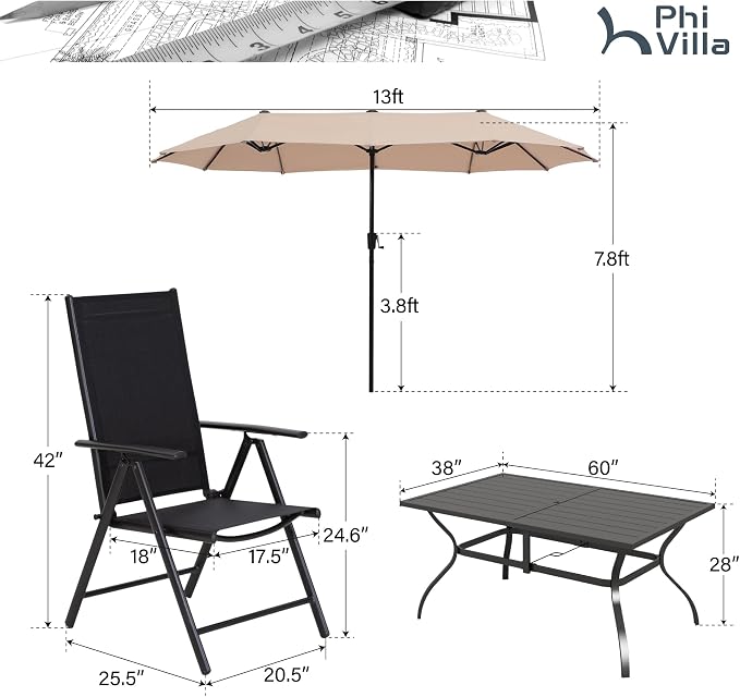 PHI VILLA Patio Dining Furniture Set with Umbrella, Outdoor Table and Chairs for 6 with Adjustable Foldable Black Chairs & Metal Table for Garden Deck (Beige Umbrella Without Base)