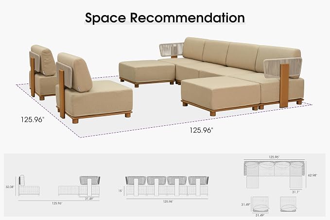 PURPLE LEAF Patio Furniture Set Modular Enclosed Outdoor Sectional Sofa with 11" Thick Olefin Cushion 8-Piece Outdoor Conversation Set with Ottomans & Coffee Lights for Backyard Garden Poolside, Beige