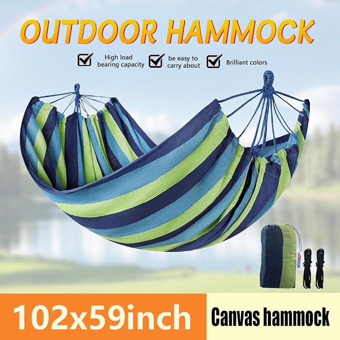 Cotton Canvas Hammock with Tree Straps - Portable Hammock for Outdoor Indoor Patio Backyard, Camping Hammock with Carry Bag, 440lbs Capacity, Without Stand(Blue, Without bar)