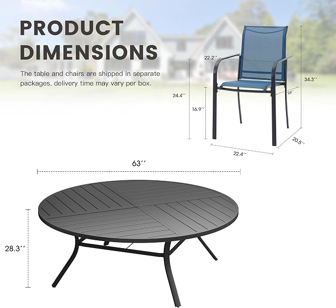 11 Pieces Outdoor Dining Set, Stackable Textilene Paito Chairs & 63.1" Round Dining Table with Umbrella Hole, Patio Dining Set for Backyard, Deck, Garden, Dark Blue & Black