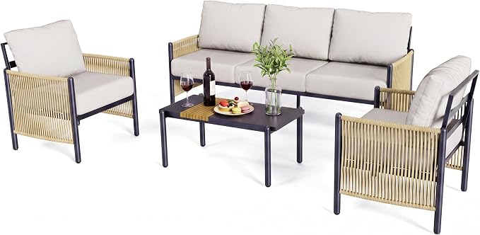 Aluminum Patio Furniture Set, 5 Seats Outdoor Patio Furniture with Coffee Table, Outdoor Wicker Conversation Sets with Cushion for Backyard, Balcony,Porch,Light Grey