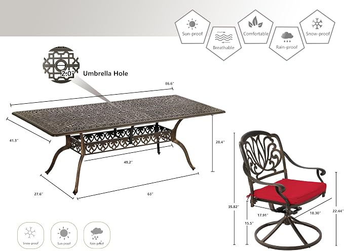 Grepatio 9 Piece Cast Aluminum Outdoor Dining Set, Patio Furniture Set with 2“ Umbrella Hole and 8 Swivel Chairs with Cushions, Patio Dining Furniture Set for Porch Poolside Garden (Red)