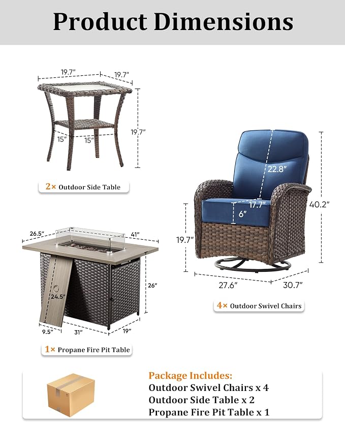 7-Piece Luxury Patio Furniture Set with 6-Inch Thick Cushions, High-Back Outdoor 4 Swivel Rocking Chairs with Wicker 42" Fire Pit, All-Weather Conversation Set for Porch, Deck, Yard or Poolside Blue