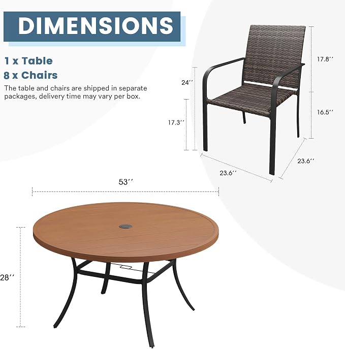 DIFY 9 Piece Outdoor Dining Set, Patio Table and Chairs Set for 8 with Umbrella Hole, 53" Walnut Round Dining Table & Stackable Wicker Patio Chairs, Metal Patio Furniture Set for Garden Backyard